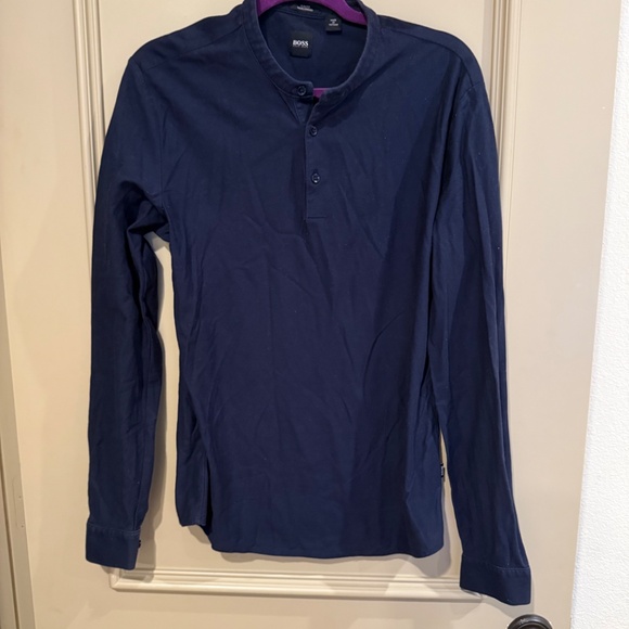 Hugo Boss Navy Blue Slim Fit Mercerized Henley 3-Button Shirt Cotton - Medium M - Picture 2 of 12
